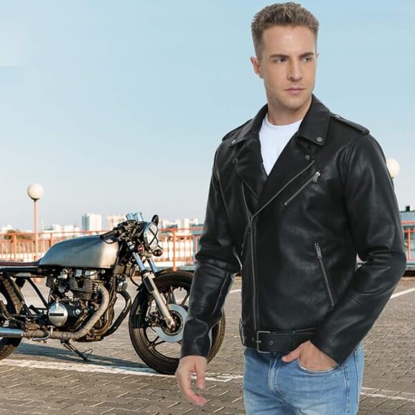 Fahsyee Leather Jackets for Men, Faux Bomber Jacket Mens Motorcycle Lapel Asymmetric Zip-Up Belt Slim Fit Biker Coat - Image 2