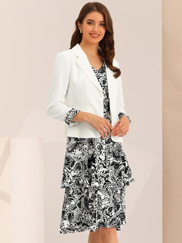 Allegra K Women's Dress Suit Sets 2 Pcs Chiffon V Neck Floral Print Contrast Panel Work Jacket Dresses