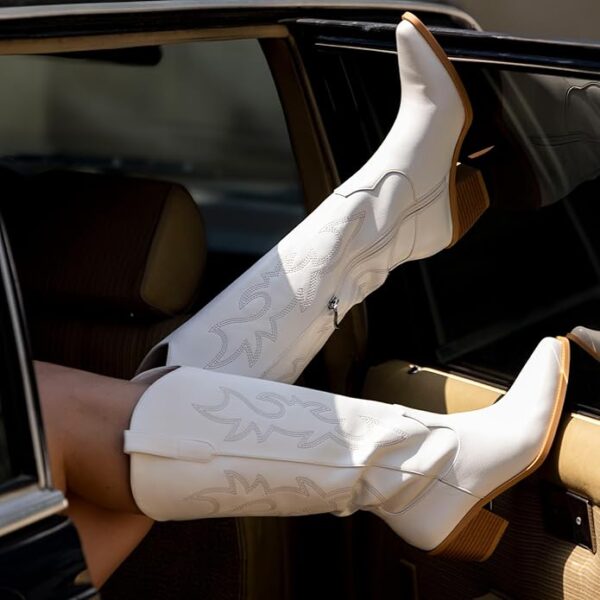 Pasuot Western Cowboy Boots for Women - Knee High Wide Calf Cowgirl Boots with Classic Embroidered, Slip On Pointed Toe Chunky Heel Fashion Retro Classic Pull On Tall Boot for Girls Ladies Fall Winter - Image 3