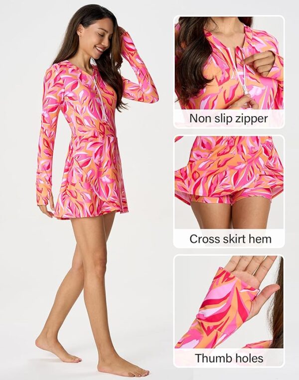 Long Sleeve Swimsuits for Women UPF 50+ Swim Dress Swimwear One Piece Bathing Suit with Skirts Rash Guard Over 50 - Image 2