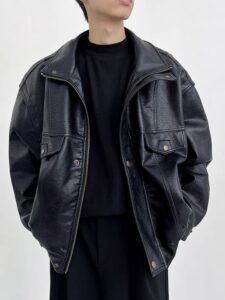 Men Spread Collar Solid Leather Casual Leather Jacket