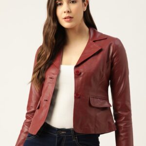 Women Maroon Lightweight Faux Leather Jacket