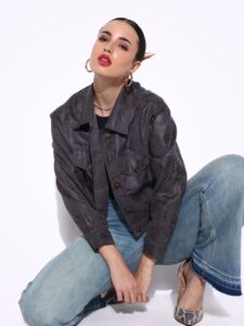 Women Spread Collar Abstract Printed Casual Leather Jacket