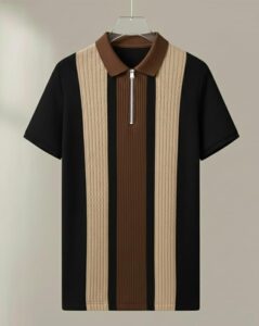 Men's Retro Cable-Knit Quarter-Zip Polo | Premium Textured Self-Design Half Sleeve T-Shirt for Men