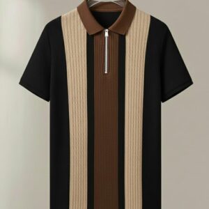 Men's Retro Cable-Knit Quarter-Zip Polo | Premium Textured Self-Design Half Sleeve T-Shirt for Men